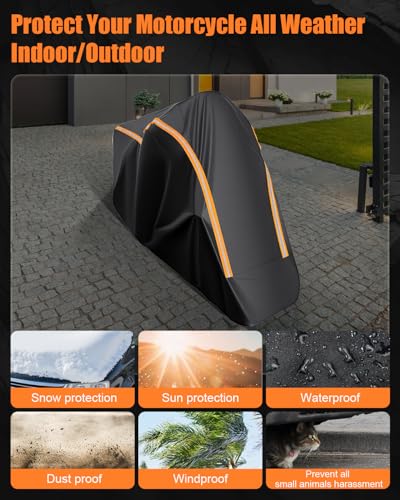 Full Enclosed Motorcycle Cover Waterproof Outdoor/Indoor Storage Waterproof Motorcycle Cover Heavy Duty with Reflective Strips Fits Touring Motorcycles Length up to 108" with Side+Top Box - size: 3.(3XL)108L" x 45"W x 59"H
