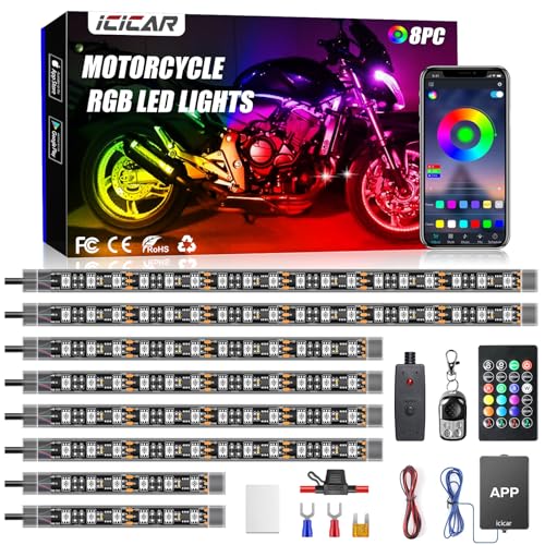 Motorcycle LED Underglow Kit, icicar 8 Pcs APP/RF Control Multicolor Motorcycle LED Light Kit with Brake Turn Signal, IP68 Waterproof & Music Sync Ambient Light for Motorcycles - color: RGB