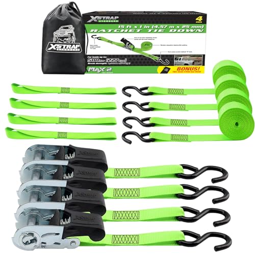 XSTRAP STANDARD 4 Pack 1" x 15Ft Ratchet Tie Down Straps - 500Lbs Load Cap, 1500Lb Break Strength, Includes 4 Soft Loops for Moving Appliances, Lawn Equipment & Motorcycle, Green - style: 4pk 1inchx15ft 1500lbs green with 4 Soft Loops