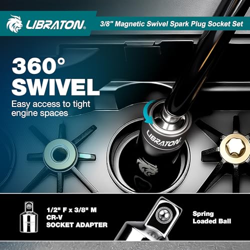 LIBRATON 8PCS 3/8"Dr. Magnetic Spark Plug Socket Set, Include Gapper & Extension Bar, Swivel Head Thin Wall (5/8" 9/16" 14mm 16mm), 6&12 Point for Truck Motorcycle Auto Repair, w/4",6",10", CR-V
