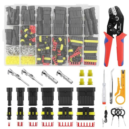 808PCS 50Sets Waterproof Automotive Electrical Connectors Plug Kit Wire Connectors 1 to 6 Pin with Ratcheting Crimper Pliers Fit 16-22 AWG Wire Car Truck Motorcycle Boat Marine