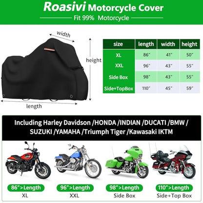 Roasivi Motorcycle Covers Waterproof Outdoor Storage for Harley Davidson Touring Models Heavy Duty Cover for General Motorcycle 110" L x 45" W x 59" H Black - size: 110"L x 45"W x 59"H