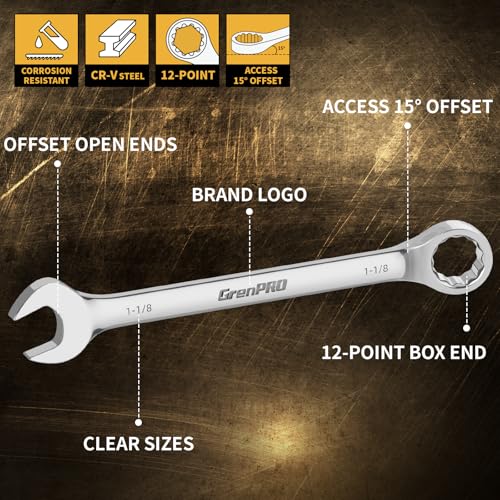 GRENPRO SAE Wrench Set, Large Wrench Set, 7-Piece 15/16", 1", 1-1/16", 1-1/8", 1-3/16", 1-1/4" Long Big Open End Wrench Tools Set Roll Up Pouch Organizer with Gauge, 12 Point Combination Wrenches Sets - style: SAE Wrench Set Large