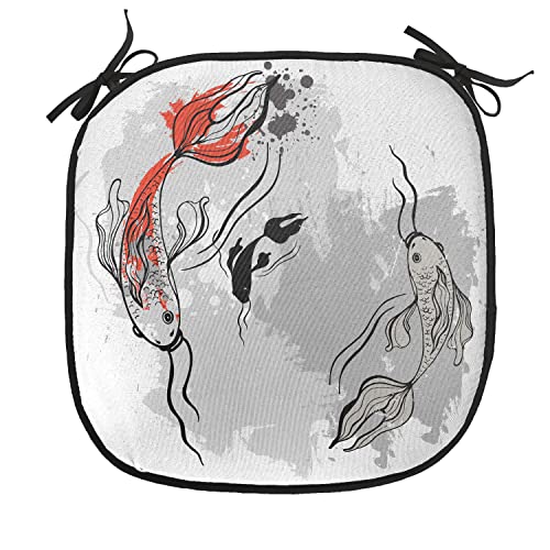 Lunarable Japanese Chair Cushion Pad, Japanese Style Aesthetic Digital Motley Koi Fish Marine Underwater Theme Print, Seat Padding for Kitchen & Patio with Anti-Slip Backing, 16"x16", Grey Orange - color: Grey Orange, size: Pack of 1