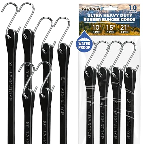 10 Pack Heavy Duty Bungee Cords with Hooks, Assorted 10" 15" 21" Rubber Straps, Elastic Tie Downs for Outdoor, Tarp, Cargo, Luggage, Motorcycle - size: 10"3pcs, 15"3pcs, 21"4pcs
