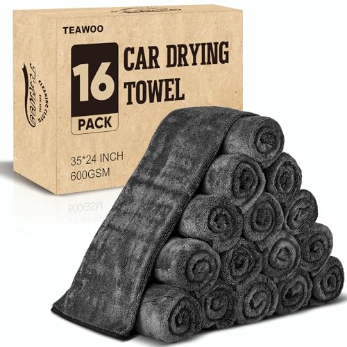 TEAWOO 16-Pack Bulk Microfiber Towels for Cars, Super Absorbent Car Drying Towel, Extra Large Car Towel (600GSM, 24" x 35") - size: 35"x 24" 16 PACK