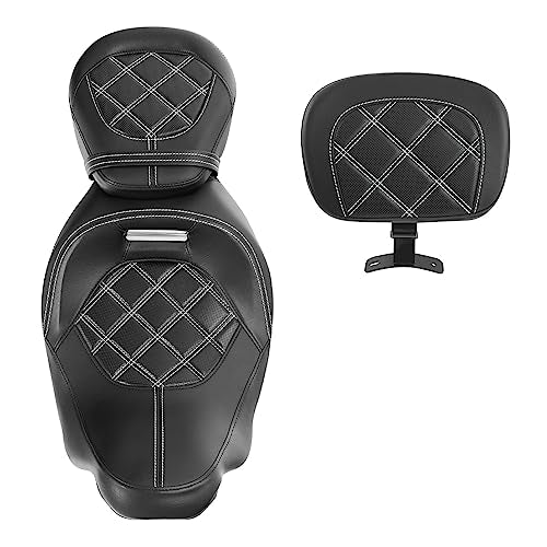 Rider Seat Cushion For Touring, SLMOTO Motorcycle Low-Profile Passenger Seat, Rider Sissy Bar Backrest Pad For Harley Touring CVO Road King Street Glide Road Glide Electra Glide 2014-2023 Black White - color: Black White + Rider Backrest Pad#102