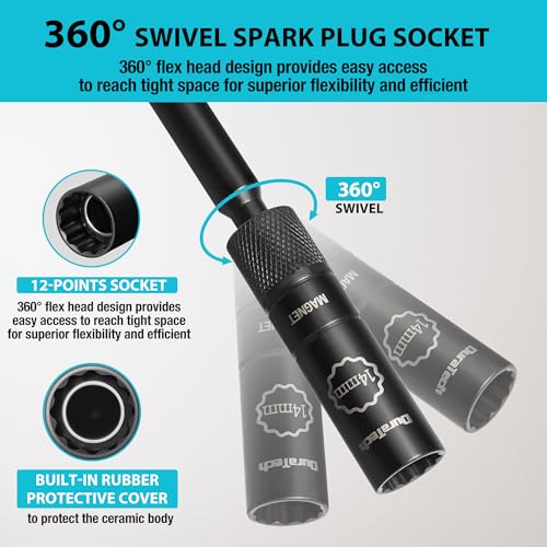 DURATECH 14mm Swivel Magnetic Spark Plug Socket, 1MM Thin Wall Spark Plugs Socket with 12-Point, Enhanced Magnetic Head & Manganese Phosphate Coating, 3/8" Drive x 12" Total Length, Cr-V Steel Made - size: 9/16" x 3/8" x 12"