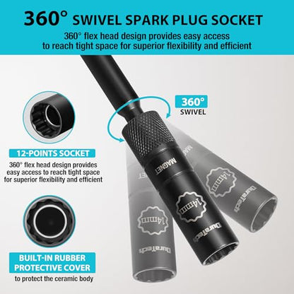 DURATECH 14mm Swivel Magnetic Spark Plug Socket, 1MM Thin Wall Spark Plugs Socket with 12-Point, Enhanced Magnetic Head & Manganese Phosphate Coating, 3/8" Drive x 12" Total Length, Cr-V Steel Made - size: 9/16" x 3/8" x 12"