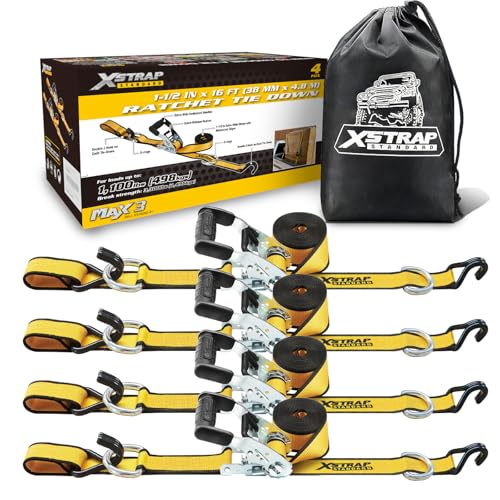 XSTRAP STANDARD 4 Pack 1.5" x 16' Ratchet Straps Double J Hook - 1,100 lb Capacity, 3,300 lb Break Strength, Heavy Duty Tie Down Straps for Truck, Motorcycle & Cargo Hauling - style: 4pk 1.5'' x 16' 3300lbs yellow