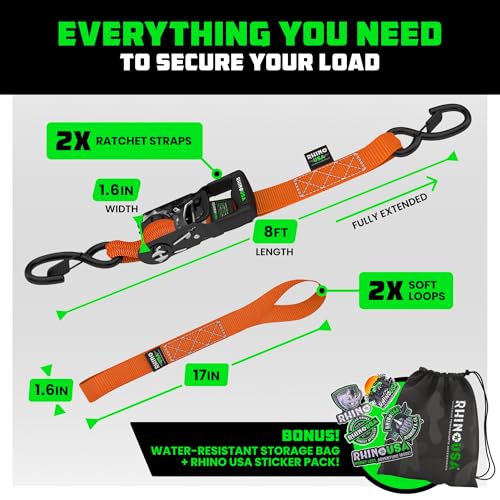 RHINO USA Ratchet Straps Tie Down Kit, 5,000 Break Strength - Includes Heavy Duty Rachet Tiedowns with Padded Handles & Coated Chromoly S Hooks + Soft Loop Tie-Downs - color: Orange, size: 8ft - 2 Pack