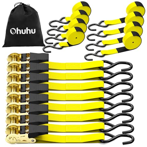 Ratchet Tie Down Strap 15 Ft - 500 lbs Load Cap with 1500 lbs Breaking Limit, Ohuhu Ratchet Tie Downs Logistic Cargo Straps for Moving Appliances, Motorcycle (Yellow, 8-Pack) - color: Yellow, size: 8-Pack