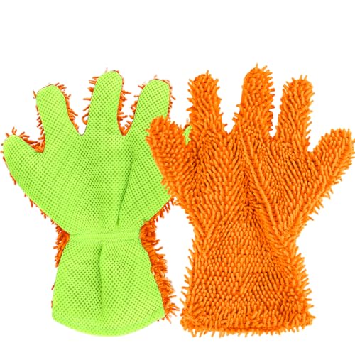 2PCS Car Wash Mitt, 5 Finger Chenille Microfiber Cleaning Mitt for Cars, Scratch-Free Auto Washing Gloves, Car Interior Exterior Cleaning Gloves, Great for Hard-to-Reach Areas (Orange) - color: Orange
