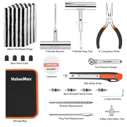 ValueMax Tire Repair Kit, 38PCS Universal Heavy Duty Car Tool Kit for Fix Punctures, Tire Plug Tools for Cars, Motorcycles, ATV, SUV, RV, Tractors, Trucks, etc.