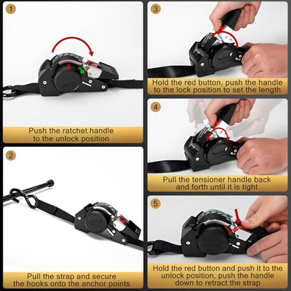 Retractable Ratchet Straps (4-Pack) - 1 Inch x 10 Ft (1800 LB Break Strength) Heavy Duty Polyester with Soft Loops & Storage Bag for Household, Motorcycle, Truck, ATV (Black) - style: Black-4 Pack