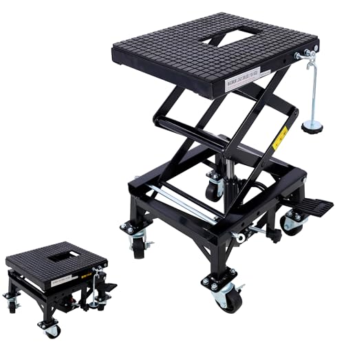 350 LBS Motorcycle Lift Table with 4 Wheels, Hydraulic Lift Table Cart & Motorcycle Scissor Jack Stand with Locking Pin & J-Hooks for Small Dirt Bikes/ATV Dirt Bike, Portability (Black) - color: Black