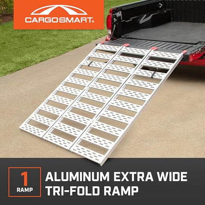 CargoSmart Aluminum Tri-Fold Ramp with Treads, 1 Pack — 1,500lb Capacity/500lb per Section, 50” W x 76” L — Easily and Safely Load or Unload Push Mowers, Garden Tillers, ATVs and More