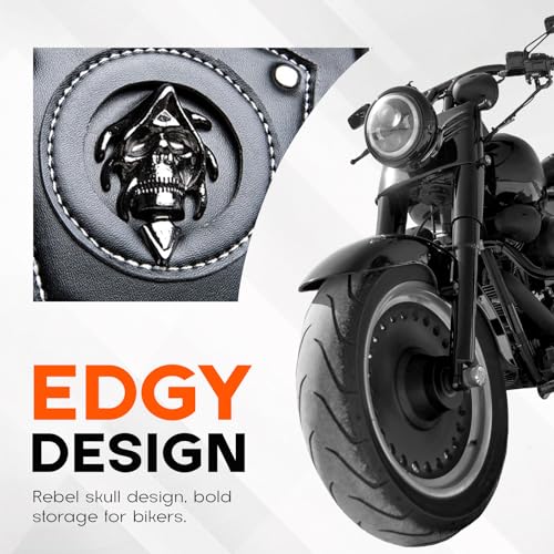 Rogierra 27.9L Motorcycle Tool Bag - Large Capacity Black PU Leather Sissybar Storage Bag, Waterproof Saddlebags with Metal Skull Pattern - style: Large Capacity,metal Skull Pattern