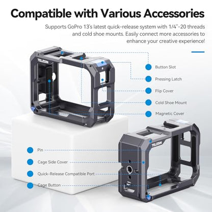 TELESIN Upgraded Aluminum Alloy Cage Frame Housing for Go Pro 13 12 11 10 9 Black, Supports Go Pro 13 Quick-Release System, with 1/4" Thread & Cold Shoe for Video Light Microphone for Hero Accessories