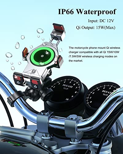 BRCOVAN Aluminum Alloy Motorcycle Phone Mount with Qi 15W Wireless Charger | with Vibration Dampener, Anti-Theft Waterproof Motorcycle Handlebar Cellphone Holder, Adjustable Fit 4.7''-7.2'' Smartphones - color: SILVER