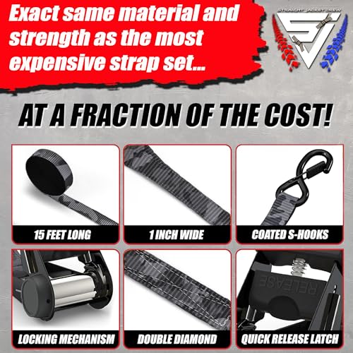 Ratchet Tie Down Straps (4 Pack) - 1,823lb Max Break Strength incl. (4) Heavy Duty 1" x 15' Rachet Tie Downs with Hooks & Handles Best for Moving Securing Cargo by Straight Jacket Crew (Black Camo) - color: Black Camo, size: 1" x 15'