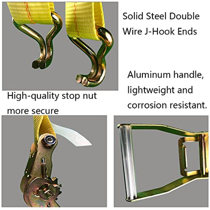 Ratchet Straps - 2" x 17' Heavy Duty Cargo Straps, Load up to 10000Lbs, Double J Hooks for Trucks, Moving Appliances, Lawn Equipment, Motorcycles - Yellow