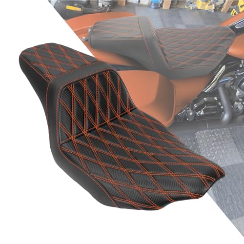 Two Up Seat Fit for Harley Street Glide Road Glide 2023 Up | Fit for Harley FLHXSE FLTRXSE, Deep-contoured Seat Helps Create a More Settled Highway Riding Feel - color: #1 Orange Stitching, size: Seat Only