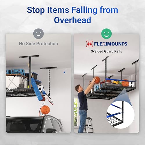 FLEXIMOUNTS 4x8 Overhead Garage Storage Rack with Safety Rails, Hammertone | 750 lbs Capacity, Adjustable 22-40" Height, 3-Sided Guard Rails, Heavy Duty Metal, Ceiling Storage System - color: Hammertone