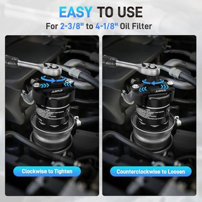 Universal Adjustable Oil Filter Wrench– 2-3/8 to 3-1/8 Inch (60-80mm) Cap Style Tool, 1/2" Drive Removal Tool with Non-Slip Serrated Jaws – Fits Small to Medium Spin-on Filters, UTVs, JetSkis