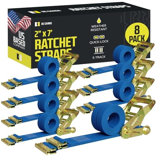 E Track Ratchet Straps Cargo Tie-Downs, (Pack of 8) 2 x 7 Heavy Duty Blue Tie-Down Rachet Straps, Strong Ratchet Strap, E Track Spring Fittings, Tie Down Motorcycle - size: 8 - Pack