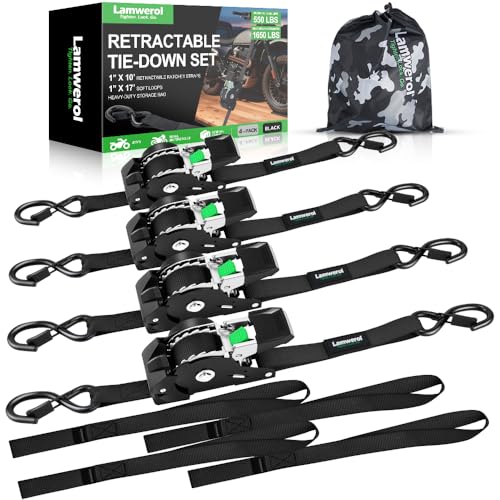 Retractable Ratchet Straps (4-Pack) - 1 Inch x 10 Feet (1,650lb Break Strength) - Heavy Duty Auto Self Retracting Tie Down Straps for Motorcycle, ATV, UTV, Truck, Cargo Trailer - Black - color: Black