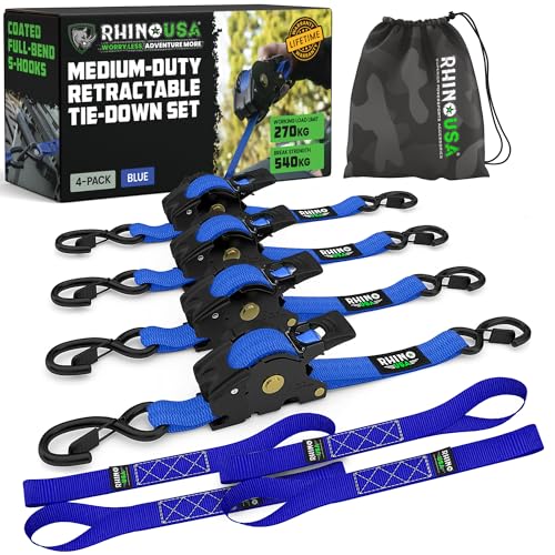 Rhino USA Retractable Ratchet Straps (4-Pack) - 1 Inch x 10 Feet (1,209lb Break Strength) - Auto Self Retracting Tie Down Straps for Truck, Cargo Trailer, Motorcycle, ATV, UTV - Blue - color: Blue, size: 4 Pack