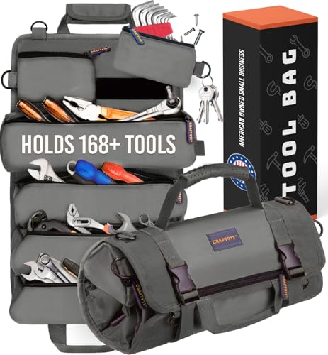 CRAFT911 Durable Tool Bag Organizers w/Detachable 6 Tool Pouches - Small | Compact & Lightweight Tool Roll Up Organizer for Electrician, Mechanic, Hobbyist - color: Gray