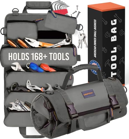 CRAFT911 Durable Tool Bag Organizers w/Detachable 6 Tool Pouches - Small | Compact & Lightweight Tool Roll Up Organizer for Electrician, Mechanic, Hobbyist - color: Gray