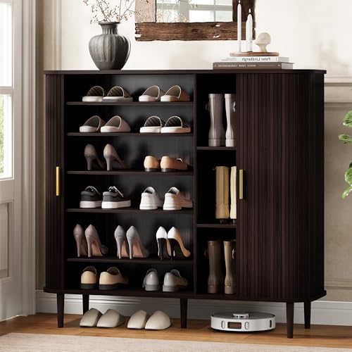 DHH Shoe Storage Cabinet with Sliding Door, 6-Tier Shoe Cabinet with Adjustable Shelves, Modern Freestanding Shoe Storage Organizer for Entryway, Hallway, Living Room (Dark Walnut, 47 ") - color: Dark Walnut, size: 47 "
