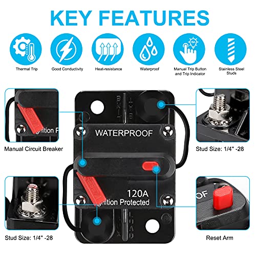 Generic 120 Amp Waterproof Circuit Breaker,with Manual Reset,12V-48V DC,30A-300A,for Car Marine Trolling Motors Boat ATV Manual Power Protect Audio System Current Overload Protection - color: WE120A