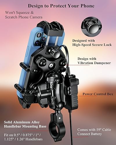 BRCOVAN Motorcycle Phone Mount with Qi Wireless & USB-C Charger | Qi 15W & PD 30W, Anti-Theft Handlebar Cellphone Holder with Vibration Dampener, Adjustable for 5.4-7.2'' Smartphone