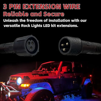 4 PCS 4FT 3 Pin Full Angle RGB Rock Light Extension Wire, Design for Our Brand's Neon Light Kits, Other Brands Must Meet Length of the Male Plug is 0.24 Inches and The Female is 0.39 Inches - size: 4pcs 4ft extensions