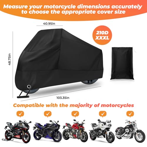 Motorcycle Cover Waterproof: Durable Heavy Duty Motorcycle Cover with Windproof and Security System - Fits up to 104 Inch Large Motorcycle (210D) - size: 210D - 104 Inch
