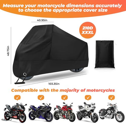 Motorcycle Cover Waterproof: Durable Heavy Duty Motorcycle Cover with Windproof and Security System - Fits up to 104 Inch Large Motorcycle (210D) - size: 210D - 104 Inch