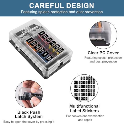 BetyBedy 12 Way Fuse Block, 12V Marine Fuse Box with LED Indicator, Automotive 12-Circuit Blade Fuse Block with Waterproof Cover for RV Motorcycle Boat Vehicle, 24PCS Fuses ＆ Tip Stickers Included - style: 12-Way