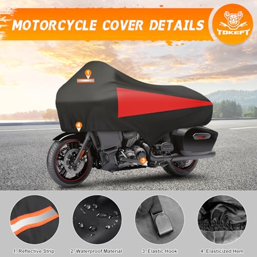 Motorcycle Half Cover with Elastic Hook and Reflective Strip Waterproof Dustproof Sunproof All-Day Protection Suitable for Touring Models Road King Street Glide Road Glide and More (Black&Red) - color: Black&Red