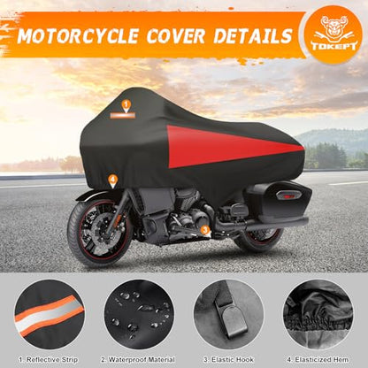 Motorcycle Half Cover with Elastic Hook and Reflective Strip Waterproof Dustproof Sunproof All-Day Protection Suitable for Touring Models Road King Street Glide Road Glide and More (Black&Red) - color: Black&Red