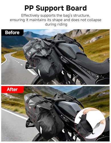 KEMIMOTO IPX6 Waterproof Motorcycle Saddlebags PVC Soft Panniers Side Tail Bag 30L(15Lx2) Motorbike Dirtbike Dual Sport Bike Adventure Travel Luggage Rackless Saddle Bags Black