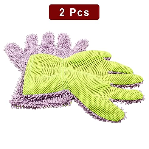 BokWin 2-Pack Car Wash Mitt Scratch Free, 5-Finger Microfiber Wash Mitts, Car Interior Exterior Cleaning Gloves, Auto Chenille Washing Sponge Kits for Cleaning Wheel Tight Spot(Purple) - color: Purple
