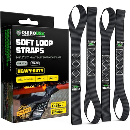 Rhino USA Soft Loop Tie Down Straps (4-Pack) - 1.6 Inch x 17 Inch (5,000 lbs Break Strength) Heavy Duty Motorcycle Handlebar Straps for use with Ratchets for ATV, UTV, Dirt Bike (Black) - color: Black 4-Pack.
