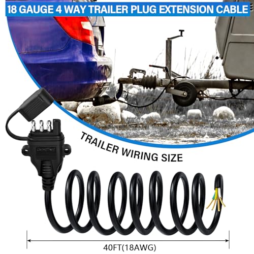 18AWG 40FT 4 Pin Trailer Connector Pure Copper 4 Pin Trailer Wiring Harness Jacketed Cable Heavy Duty Male Extension Wiring Harness 4 Wire 4-Flat Connector 4 Way Flat Plug with Dust Cover - size: 40 Ft 18AWG