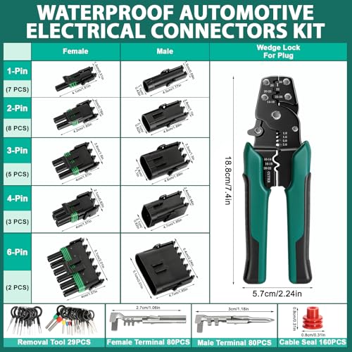 401PCS 25 Sets Weather Pack Connectors Kit, 1 2 3 4 6Pin Automotive Electrical Wire Connectors with Crimping Tool(18-12AWG), Male Female Terminals Plug Kit, Terminal Removal Tool and Electric Test Pen - size: 401PCS