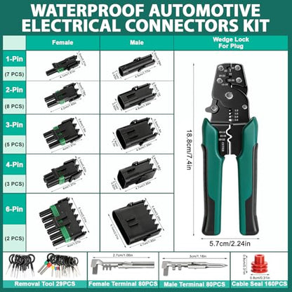 401PCS 25 Sets Weather Pack Connectors Kit, 1 2 3 4 6Pin Automotive Electrical Wire Connectors with Crimping Tool(18-12AWG), Male Female Terminals Plug Kit, Terminal Removal Tool and Electric Test Pen - size: 401PCS