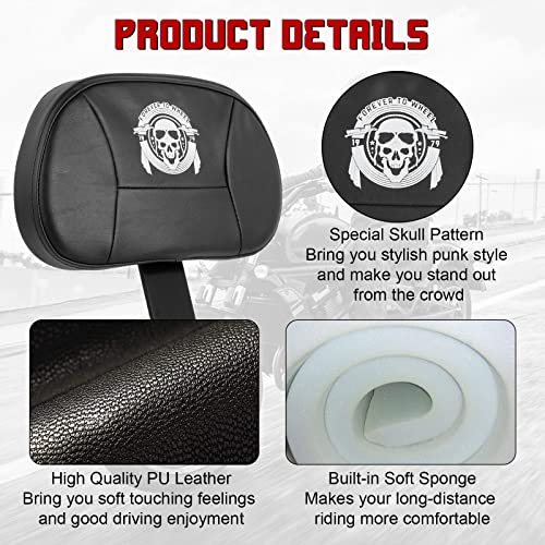 INNOGLOW Motorcycle Backrest - Detachable Adjustable Driver Rider Backrest Black Back Rest Pad Fit for Harley Davidson Touring Street Glide Electra Glide Road Glide Road King CVO 2009-2026 - color: Style-2/Black Arm(with skull printed)